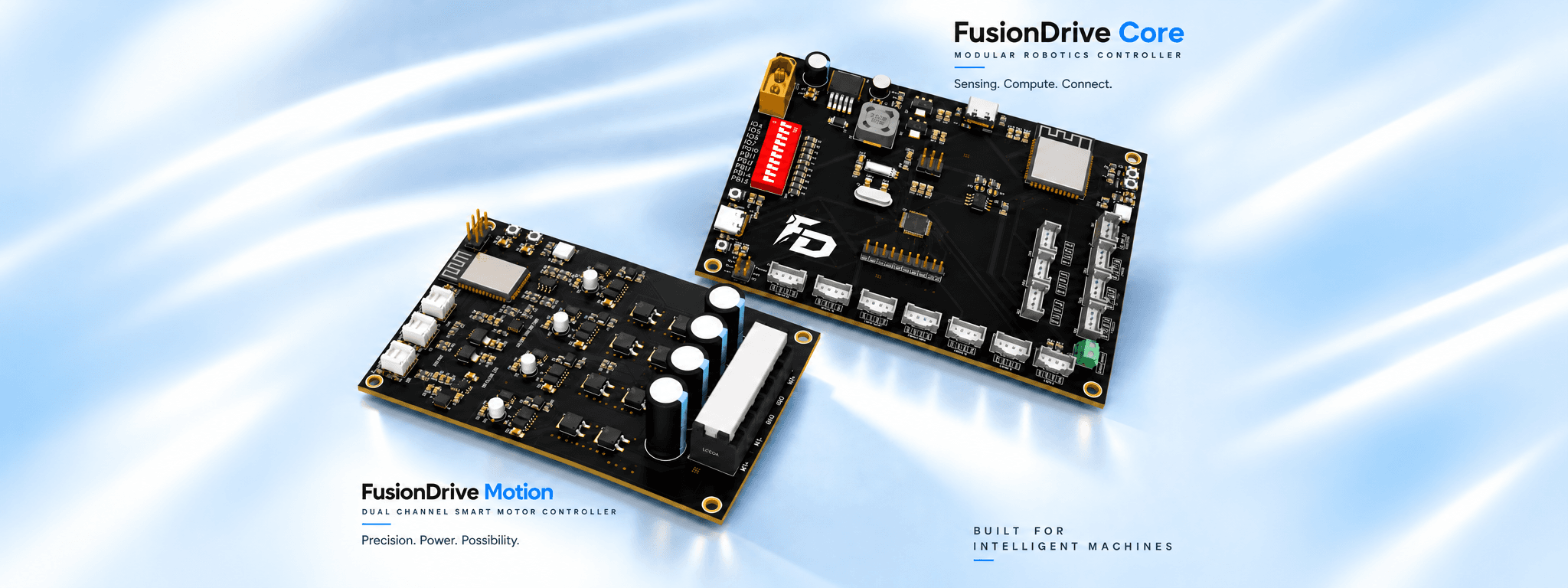 FusionDrive hardware ecosystem — FusionDrive Core modular robotics controller and FusionDrive Motion dual channel smart motor controller